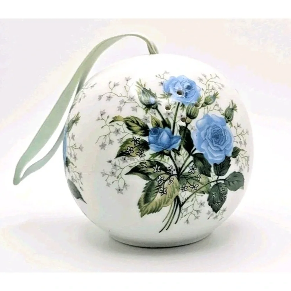 Vtg 80s Japan Blue Rose Ceramic Pomander Hanging Floral Sachet Holder Romantic